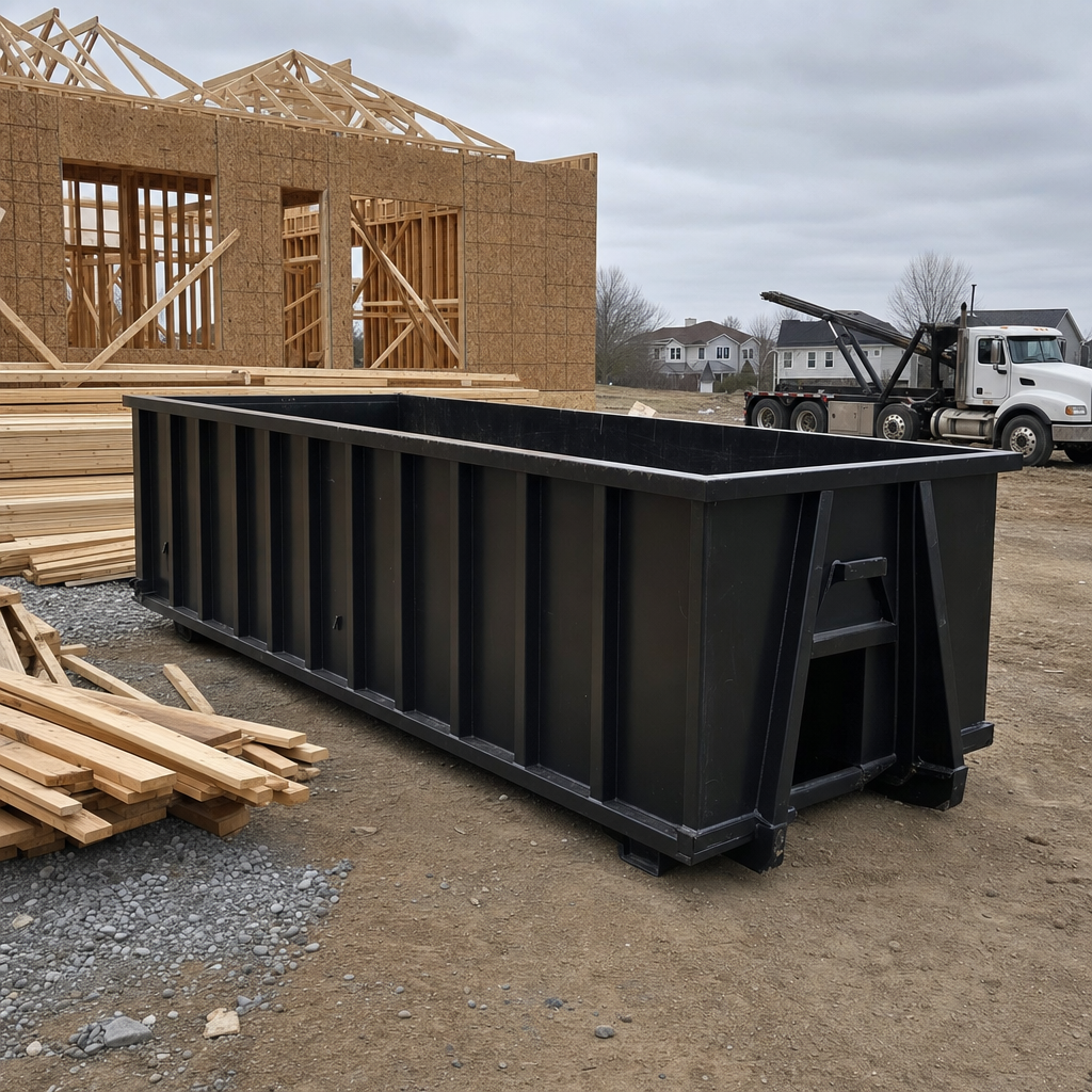 Matte-black 40-yard roll-off dumpster staged on a framed-out residential construction site in O'Fallon, framing lumber stacked nearby, hooklift delivery truck visible in the background under bright Colorado daylight
