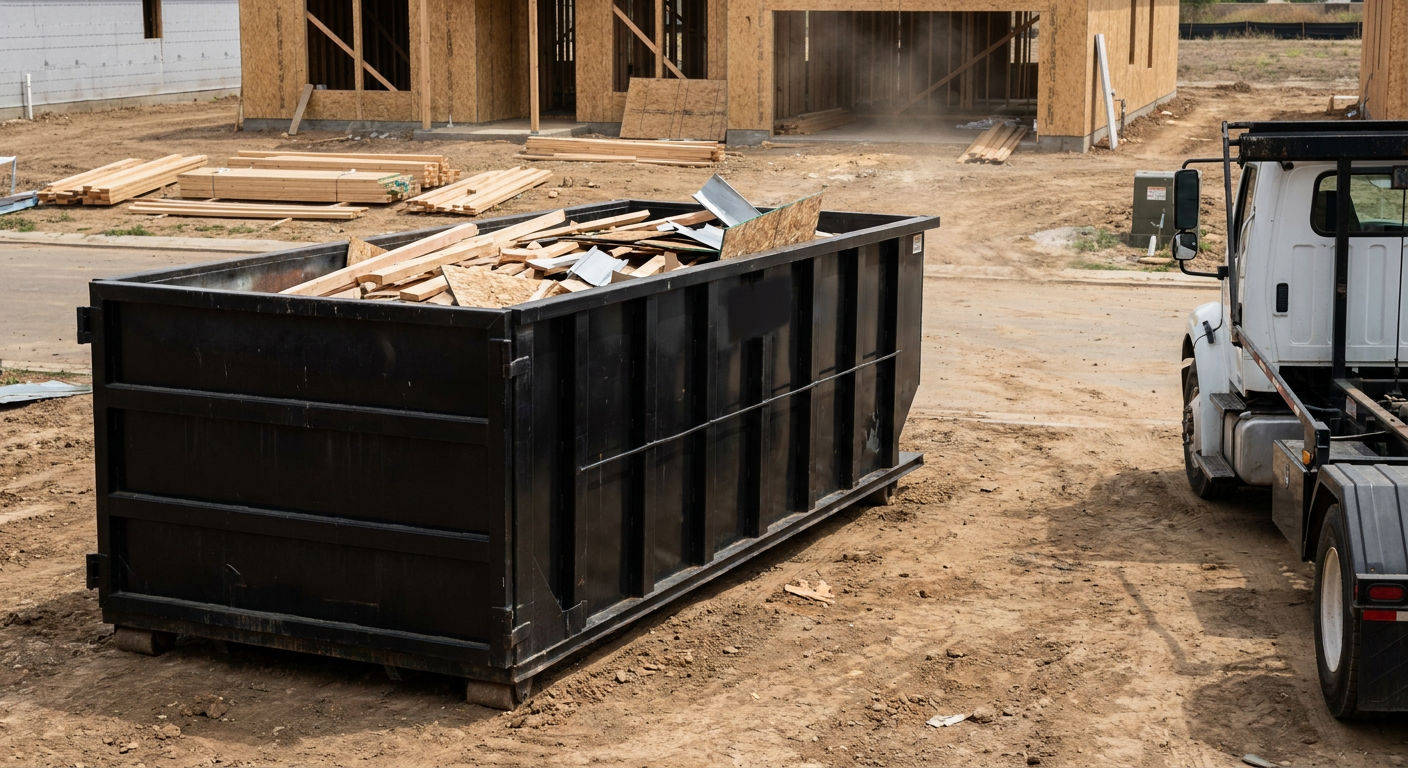 Matte-black 20-yard roll-off construction dumpster with heavy ribbed steel sidewalls and swing rear doors at a working jobsite in O'Fallon, sitting directly on compacted dirt with an unmarked white hauler partially visible at the far edge of the frame.