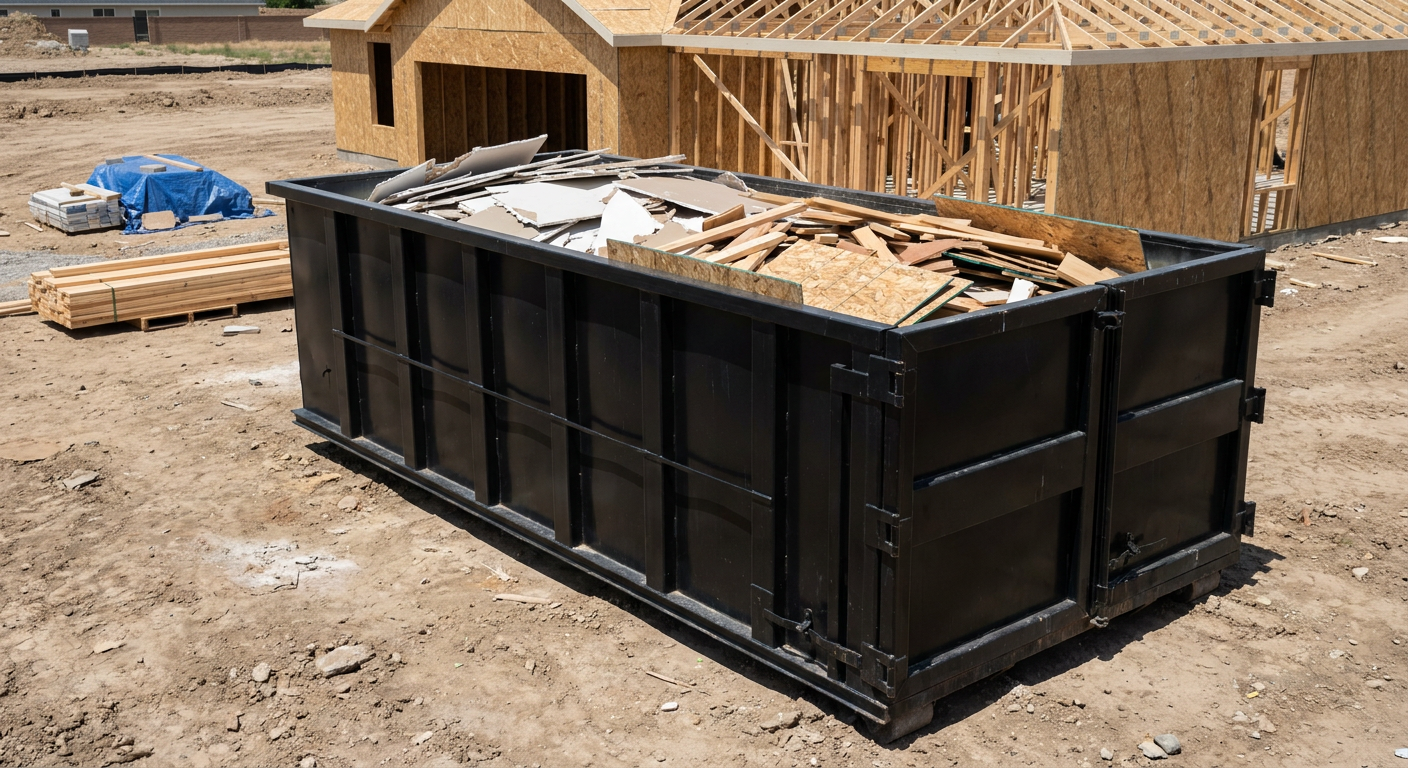 Matte-black 30-yard roll-off construction dumpster sitting directly on the compacted-dirt site of a framed single-family home build in O'Fallon, drywall and lumber scrap loaded inside.