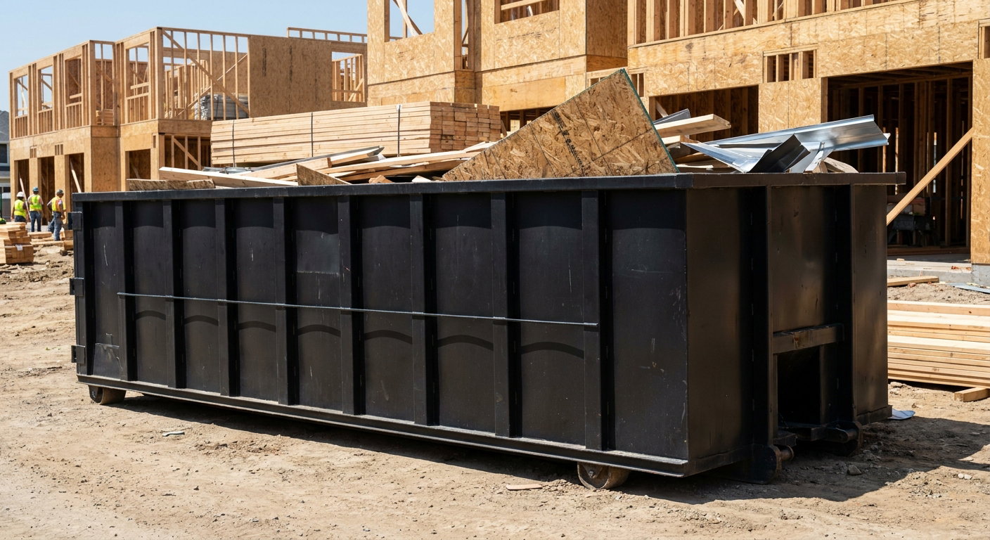 Matte-black 40-yard roll-off construction dumpster being lowered from a white-cab hooklift delivery truck onto the compacted-dirt jobsite at a commercial build site in O'Fallon