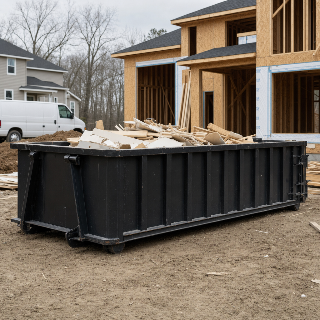 Worker in a yellow high-visibility vest tossing framing lumber and broken drywall into a matte-black 30-yard construction roll-off dumpster on an active build site in O'Fallon, bright daylight