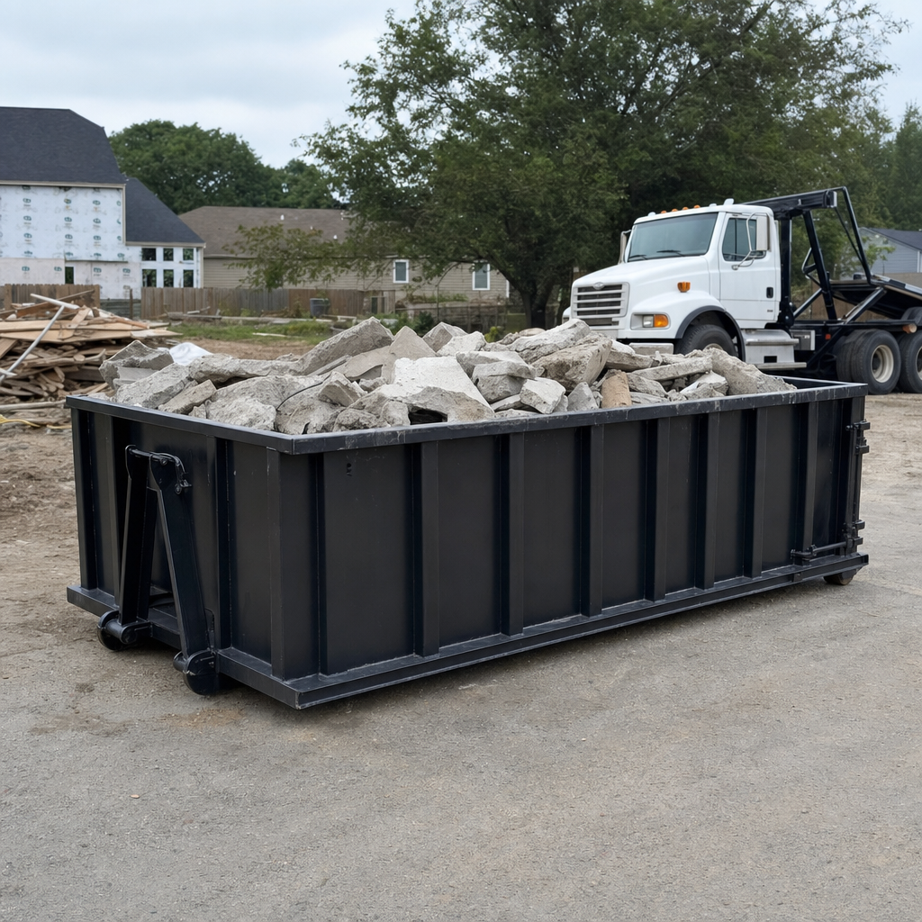 Low-profile matte-black lowboy roll-off dumpster loaded with broken concrete slab and rebar at a foundation tear-out in O'Fallon, skid steer parked beside it, sunny Colorado morning