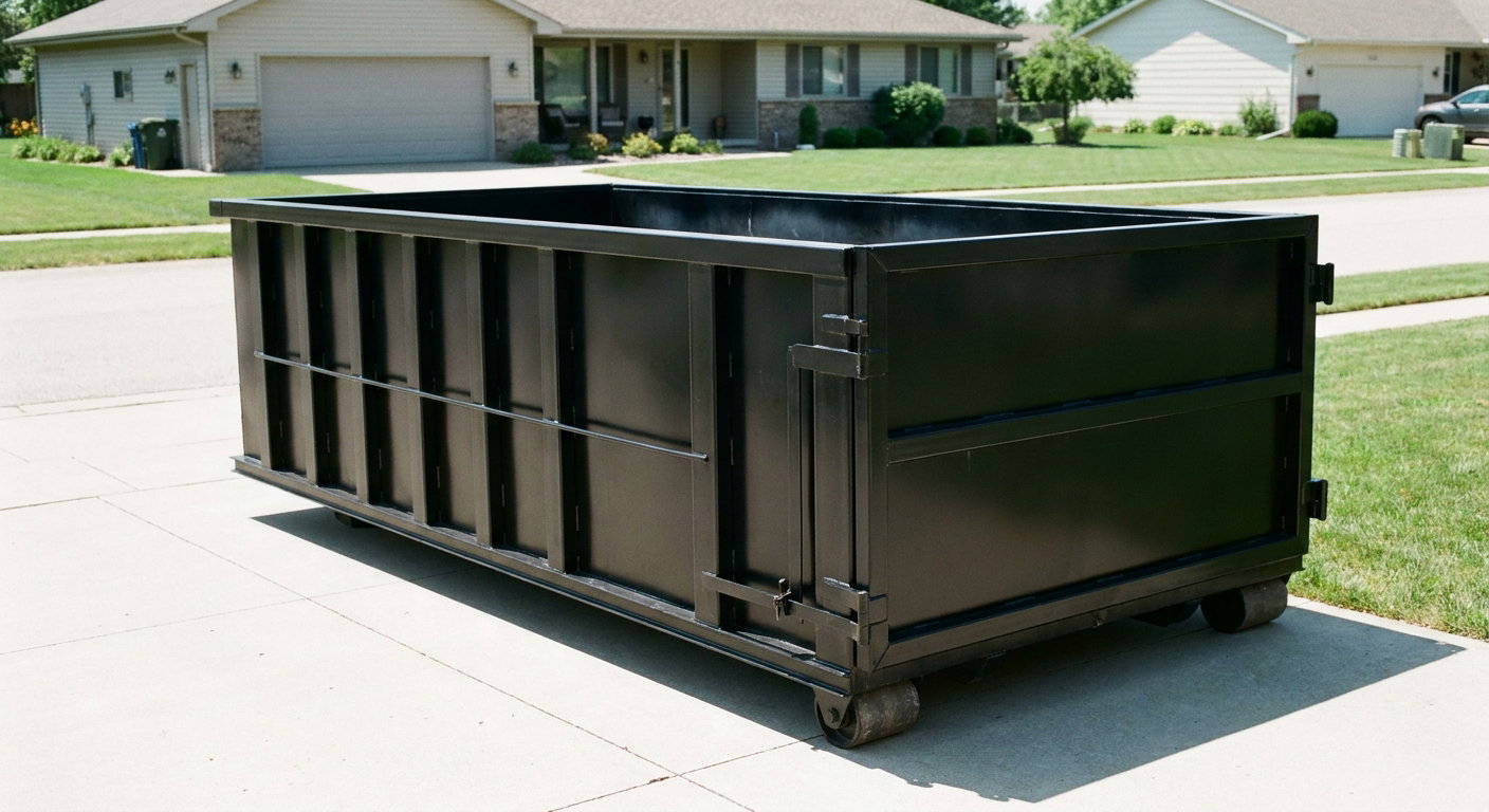 Matte-black 10-yard roll-off dumpster on a residential concrete driveway in O'Fallon, uniformly painted matte black across every panel and rail, ribbed steel sidewalls and rear swing door visible, mid-day daylight.