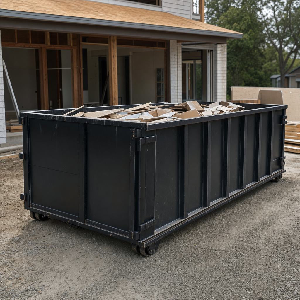 Large matte-black 30-yard construction roll-off dumpster at an active O'Fallon jobsite, steel-gray top rails and bottom rollers visible, loaded with construction debris.