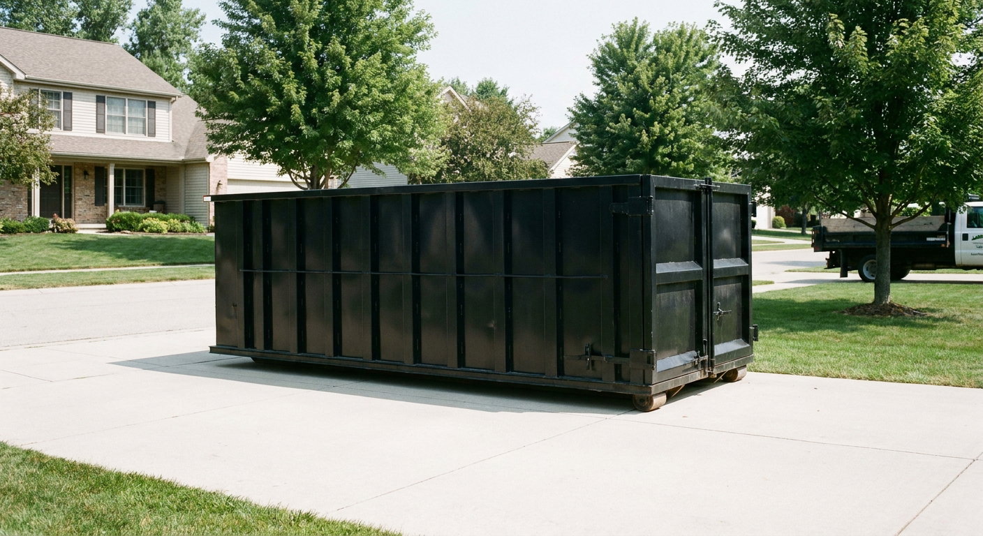 Matte-black 20-yard roll-off dumpster sitting level on a clean O'Fallon residential concrete driveway under bright daylight, demonstrating clean placement directly on the concrete.