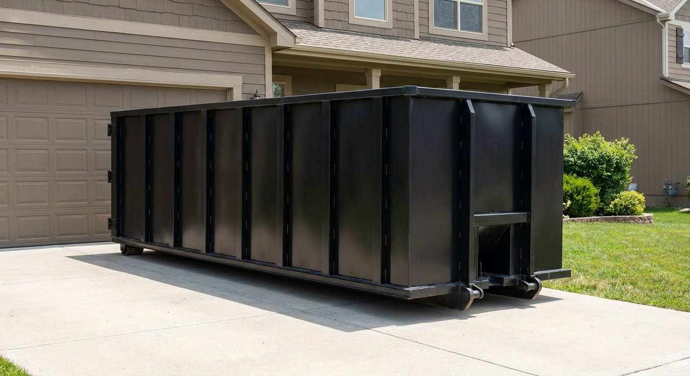 Matte-black residential roll-off dumpster sitting directly on a suburban O'Fallon concrete driveway, garage door closed, single-family home in background, bright morning daylight.