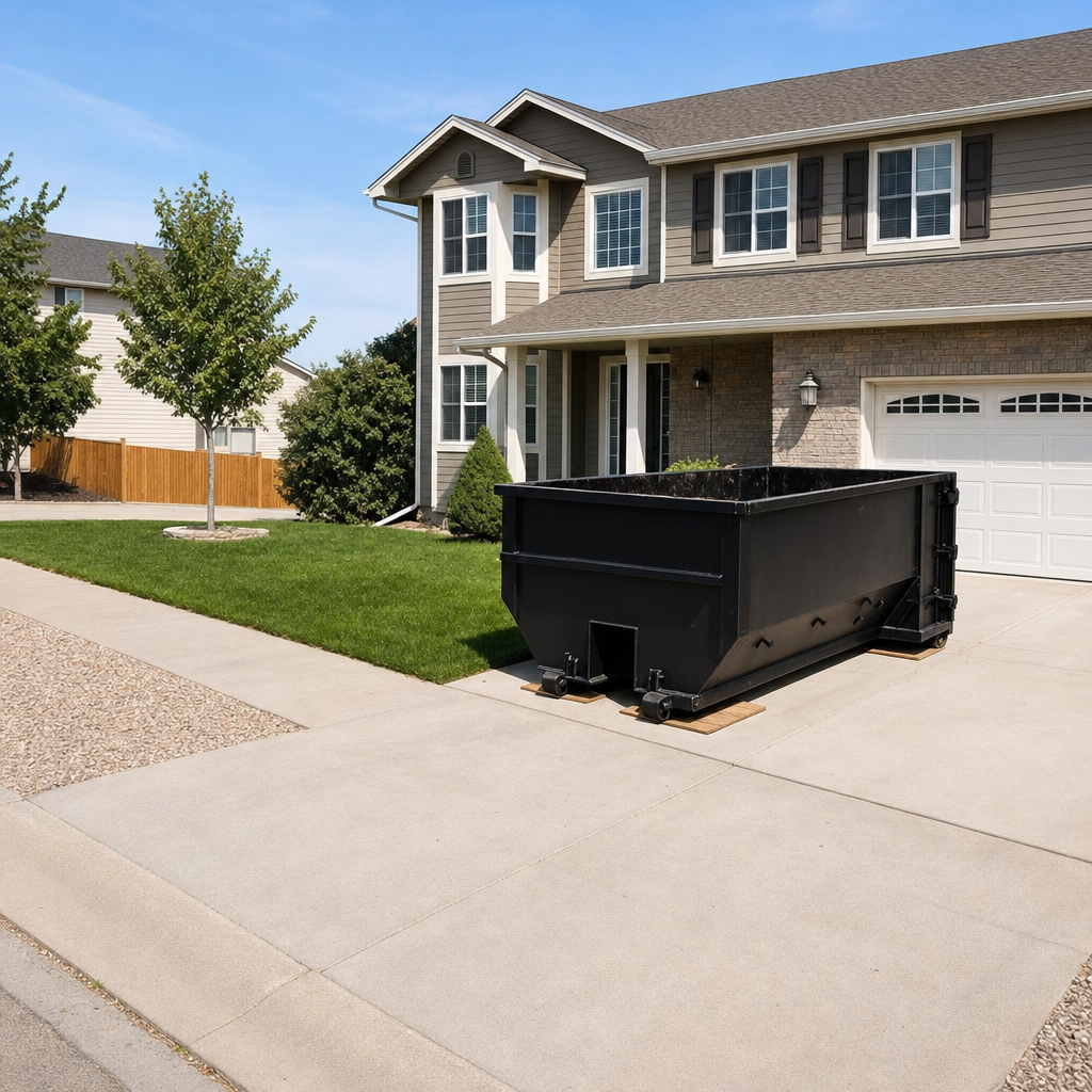 10-yard matte-black residential dumpster placed directly on a narrow O'Fallon concrete driveway, room remains for a parked sedan beside it, mid-morning natural light