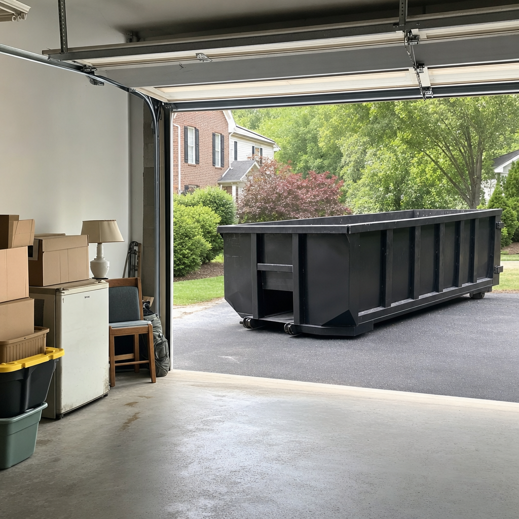 Open garage interior in a O'Fallon home mid-cleanout — boxed items, an old appliance, and stacked yard tools queued near the driveway for a matte-black roll-off dumpster, organized and calm