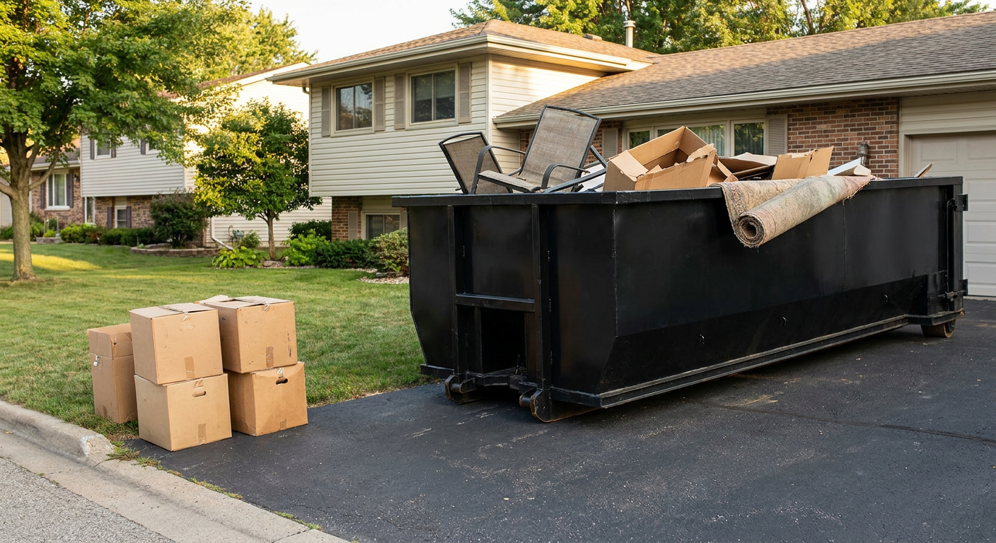 Front-yard view of a O'Fallon split-level home with a 20-yard matte-black roll-off dumpster sitting directly on the asphalt driveway, a few clearly labeled donation boxes staged at the curb, calm sunny afternoon.