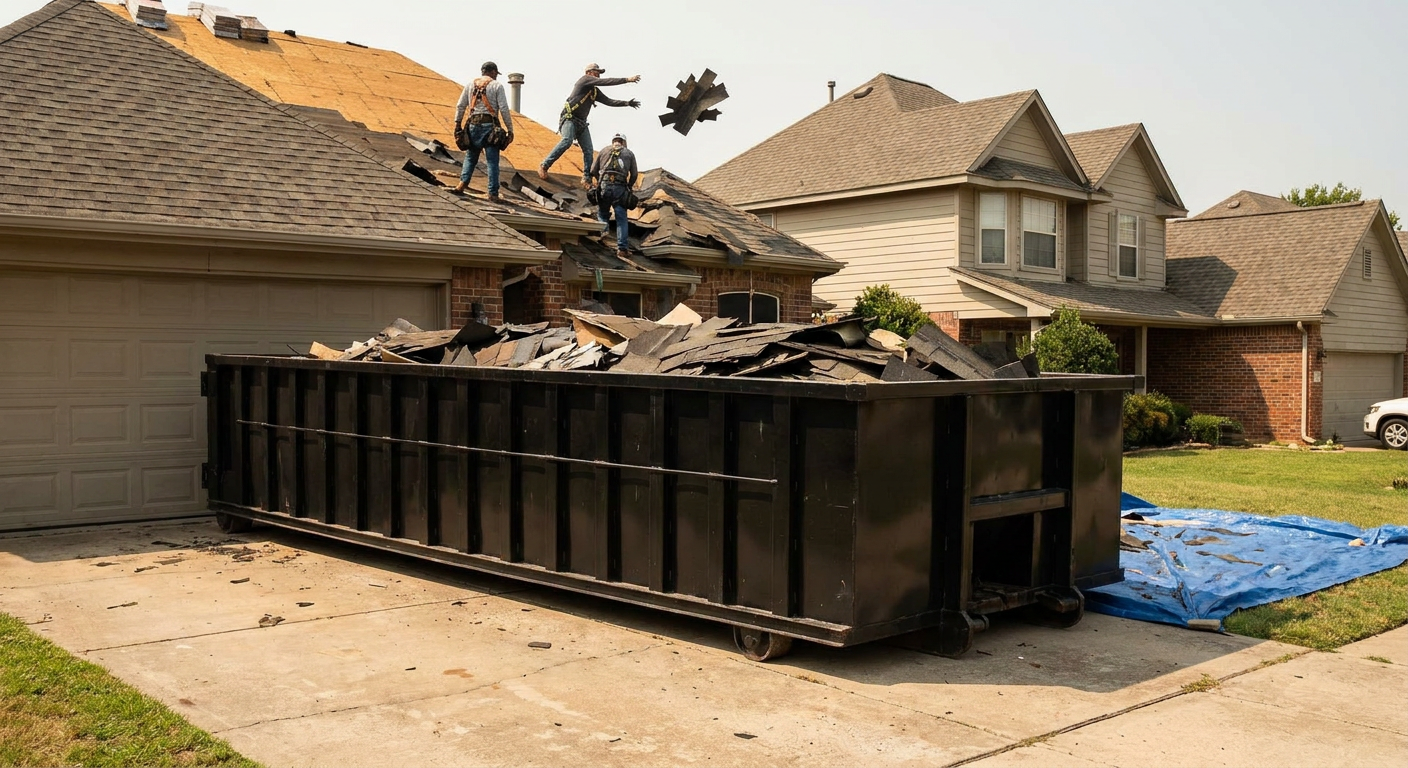 Matte-black roofing roll-off dumpster placed directly on a O'Fallon residential concrete driveway, a tear-off crew on a two-story asphalt-shingle roof tossing shingle bundles into the low-walled container, bright daylight, documentary 35mm perspective.