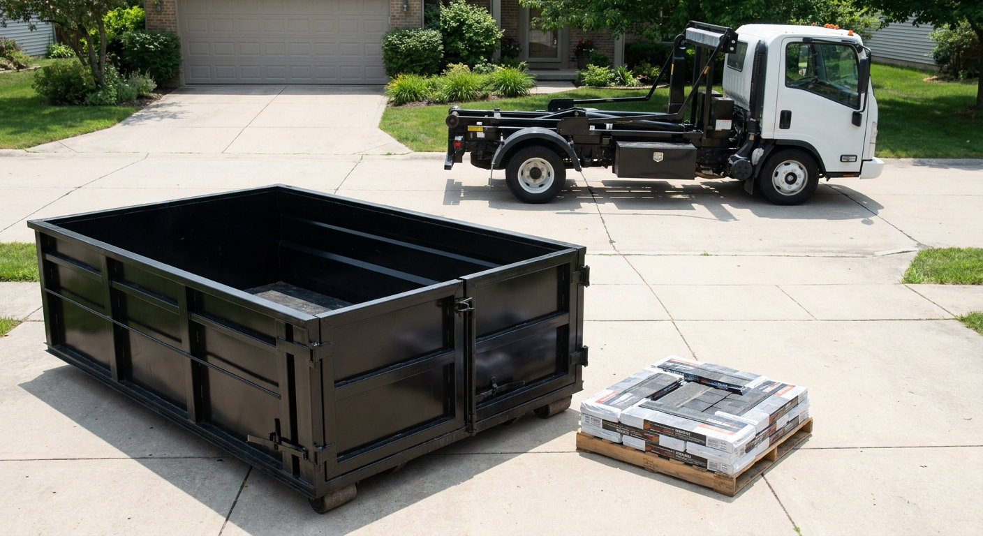 Matte-black 15-yard roofing roll-off dumpster with reinforced low side walls sitting directly on a O'Fallon residential concrete driveway, three-tab asphalt shingle bundles stacked nearby, an unmarked white hauler truck partially visible at the edge of the frame.