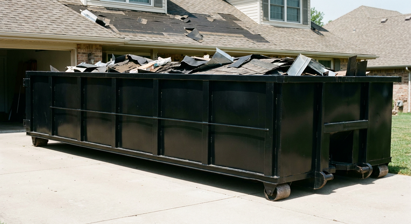Matte-black 20-yard roofing roll-off dumpster with steel ribbed sides and swinging rear door, sitting directly on the concrete driveway of a two-story O'Fallon home, asphalt shingle debris being loaded over the low wall, clean documentary lighting.
