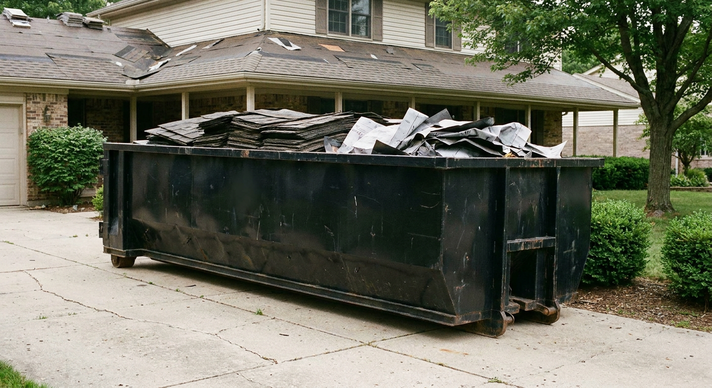 Matte-black 30-yard roofing roll-off dumpster sitting directly on a O'Fallon concrete driveway, taller ribbed steel side panels, mixed tear-off debris of asphalt shingles and underlayment inside, professional documentary daylight.