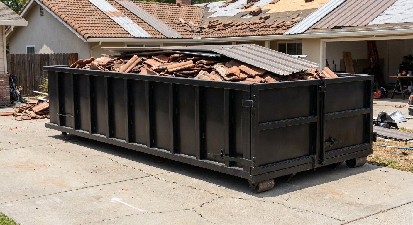 Matte-black low-wall heavy-debris roofing roll-off dumpster sitting directly on a O'Fallon concrete driveway, broken concrete clay roof tiles and metal panel sections loaded inside, reinforced ribbed steel side walls visible, bright outdoor daylight.