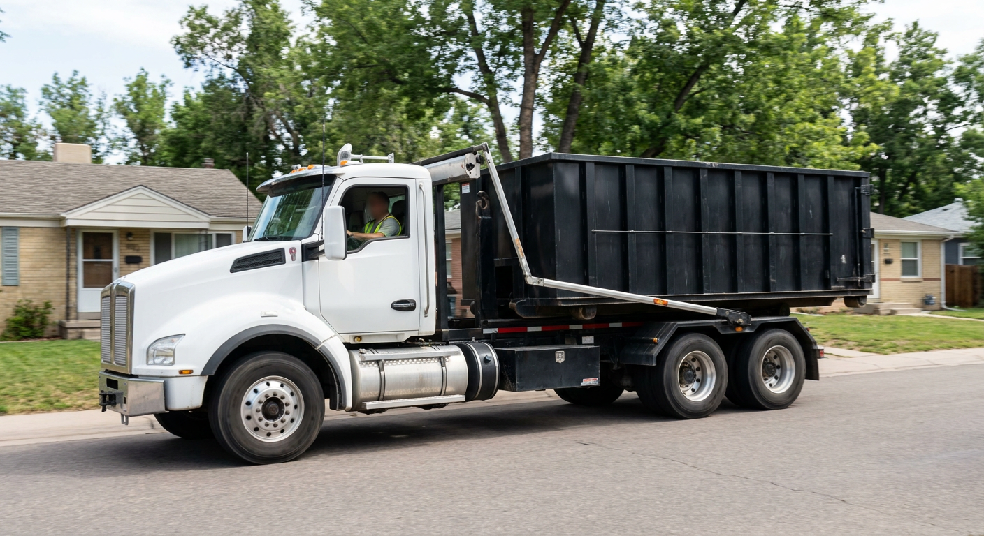 A wide documentary shot of a matte-black roll-off delivery truck pulling onto a quiet O'Fallon residential street at mid-morning, with neighborhood rooftops and tree-lined blocks visible behind, showing the metro coverage footprint.