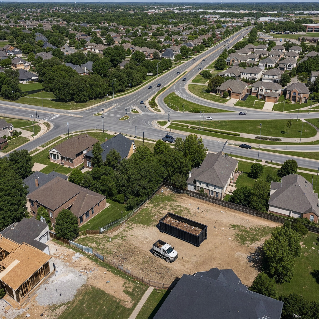 An overhead documentary view of the O'Fallon metro area at midday, showing the spread of neighborhoods, arterial roads, and the dispatch radius from a central yard — clean daylight, organized geographic layout.