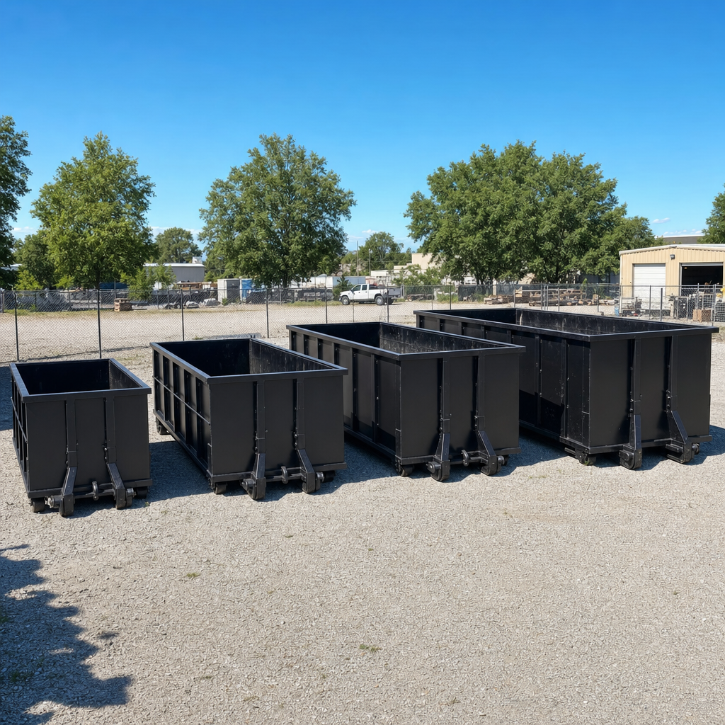 A clean lineup of matte-black roll-off dumpsters in 10, 20, 30, and 40-yard sizes staged on a sunlit gravel yard in O'Fallon, showing the size progression from compact to commercial-scale containers.