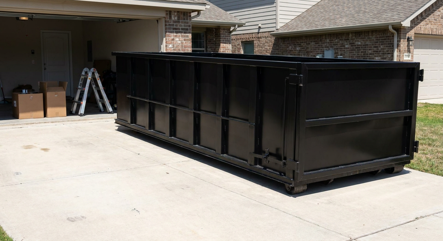 A matte-black 10-yard roll-off dumpster sitting directly on a residential O'Fallon concrete driveway, mid-day sunlight, clean and ready for a garage cleanout.