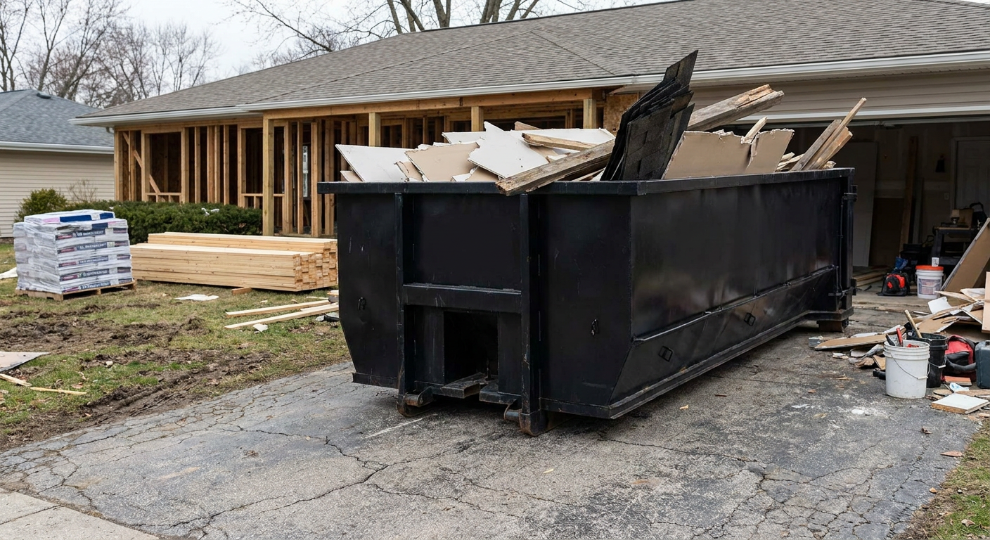 A matte-black 20-yard roll-off dumpster placed alongside a mid-renovation O'Fallon home directly on the asphalt driveway, with framing materials and torn-off shingles staged neatly nearby.
