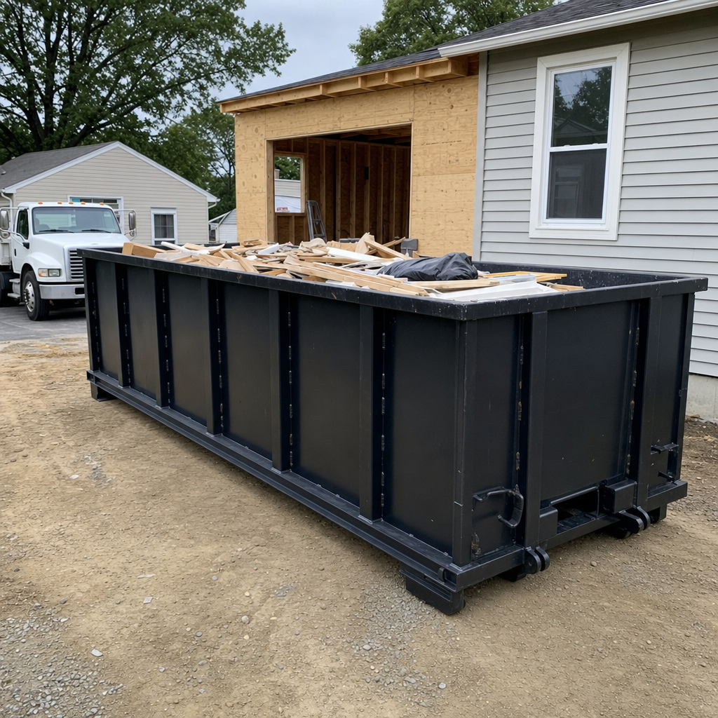 A matte-black 30-yard roll-off dumpster positioned at a O'Fallon residential addition jobsite, with framing lumber and drywall scraps loaded through the open swinging rear doors.