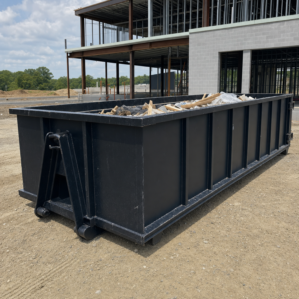 A matte-black 40-yard roll-off dumpster staged on a large O'Fallon commercial construction lot, with a hooklift delivery truck parked alongside under bright midday sky.