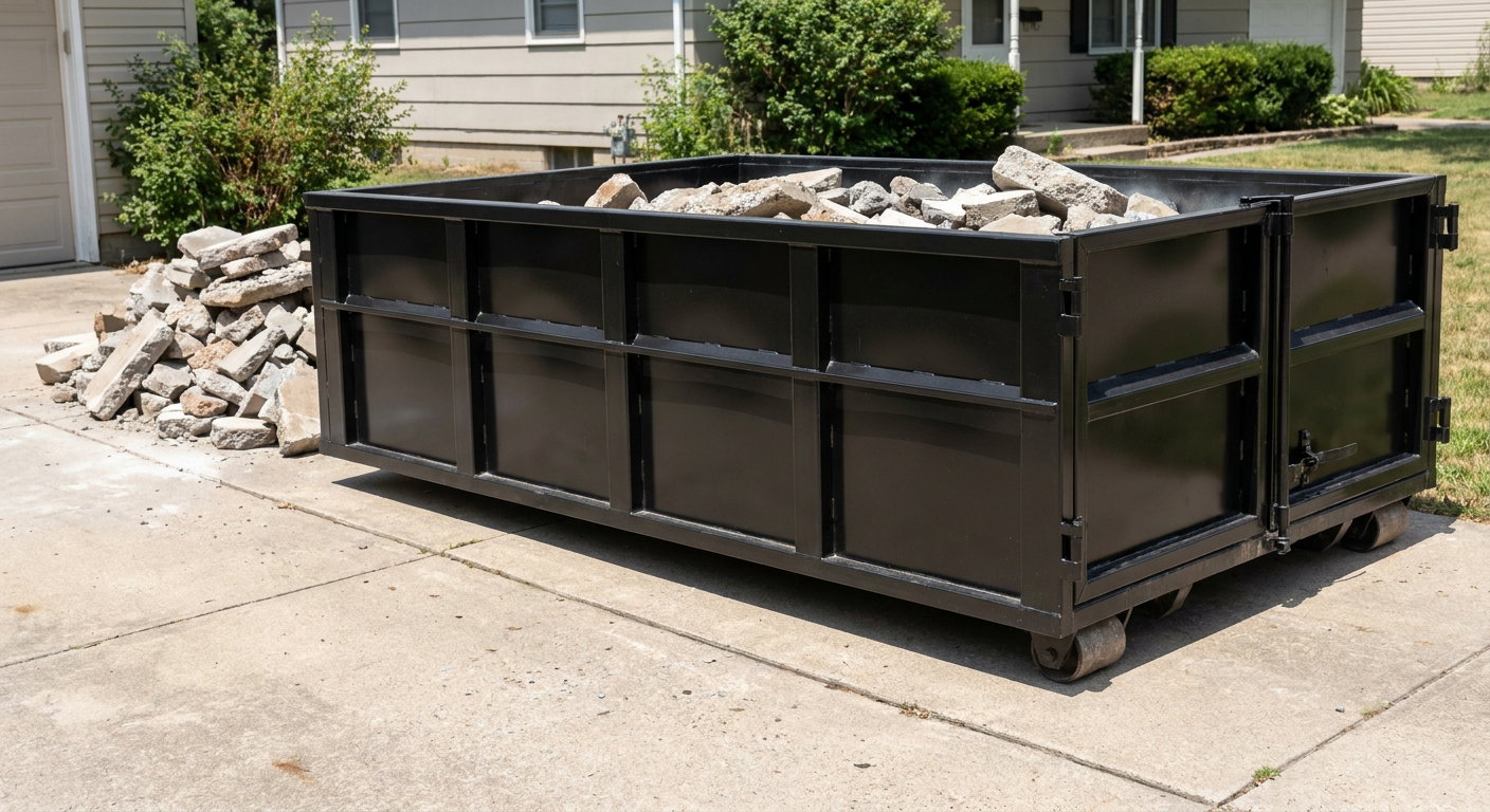A matte-black low-side heavy-debris roll-off dumpster placed directly on a O'Fallon concrete driveway, with broken concrete chunks neatly stacked beside it under clean daylight.